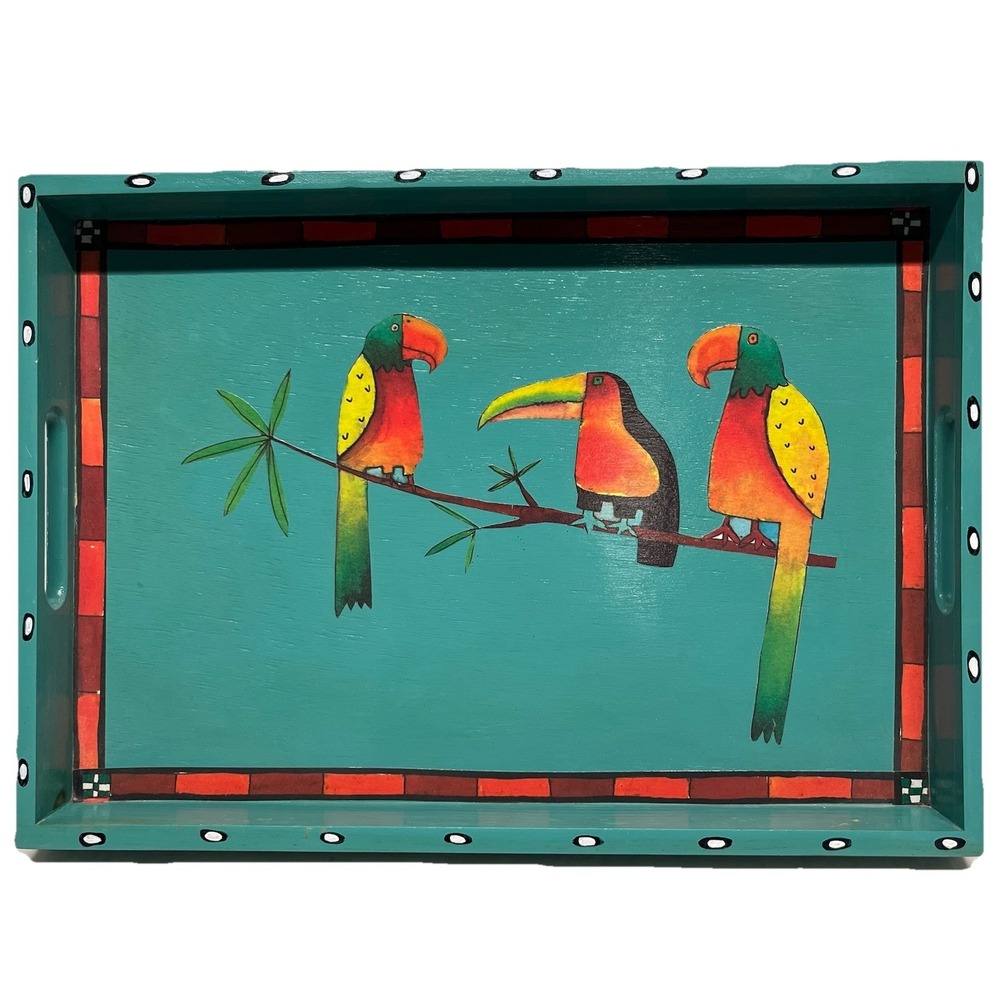 Parrots Toucan Hand Painted Wood Serving Tray Wall Hang 20 x14 Essex Collection